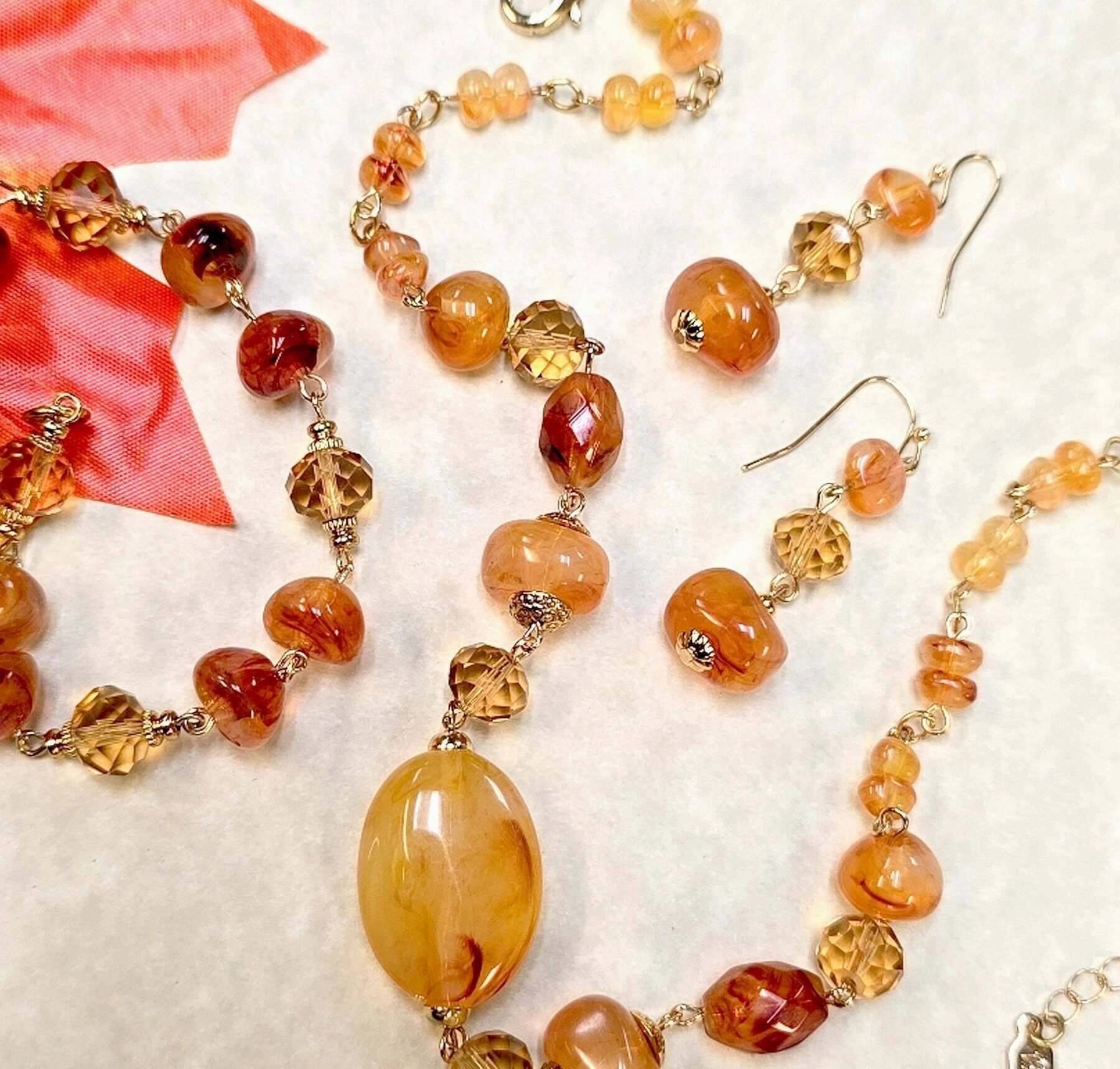 1928 Jewelry Marble Effect Carnelian Beads & Topaz Crystals Dangling Earrings