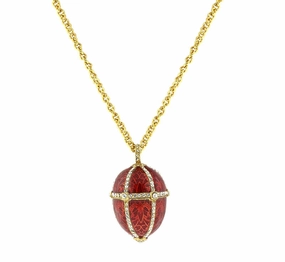 1928 Jewelry Trellis Red Enamel Rhinestone Egg Locket Necklace 30"
