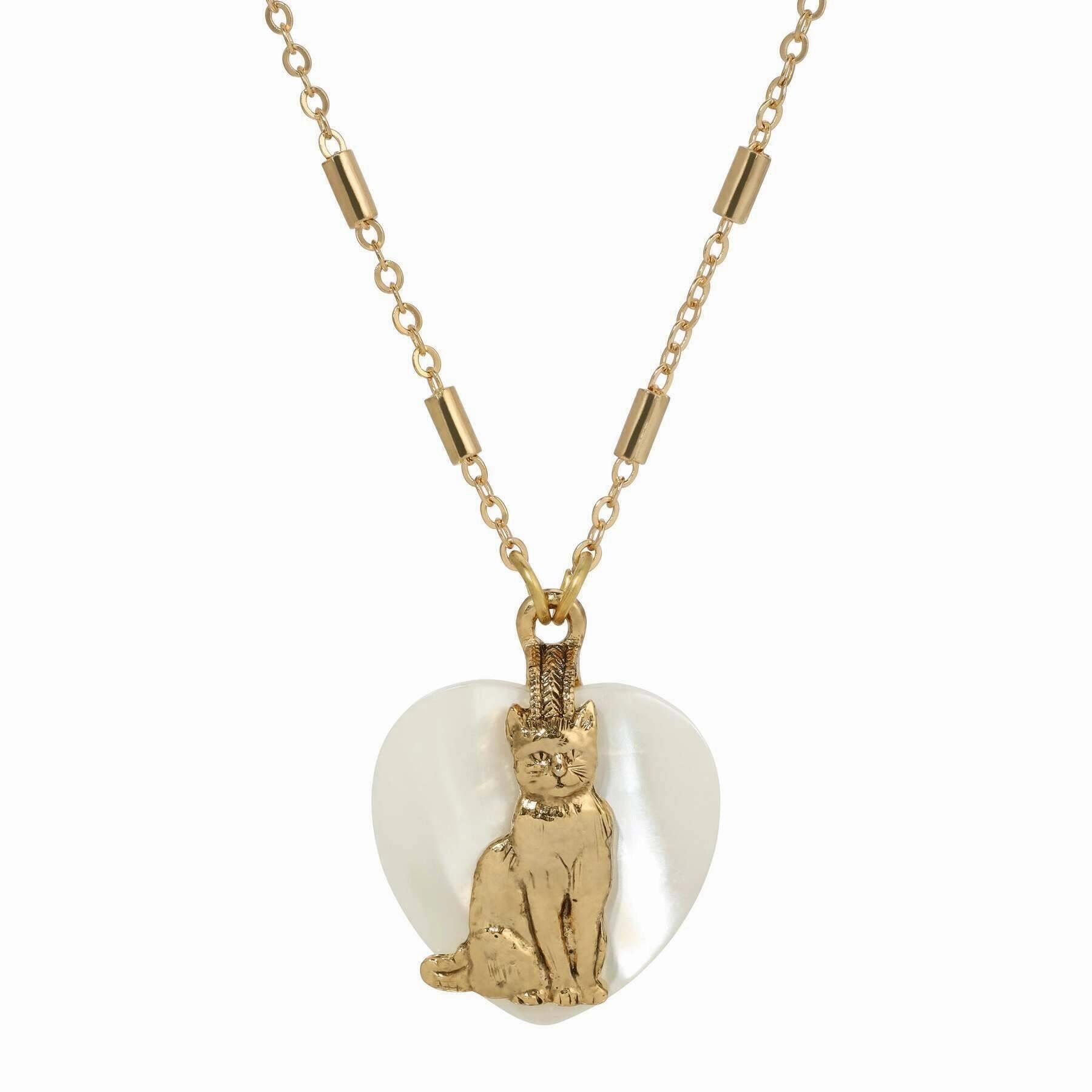 1928 Jewelry Whimsical Cat Mother Of Pearl Heart Pendant Necklace 18"