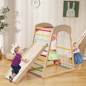 6-in-1 Jungle Gym Wooden Indoor Playground With Double-Sided Ramp and Monkey Bars-Multicolor