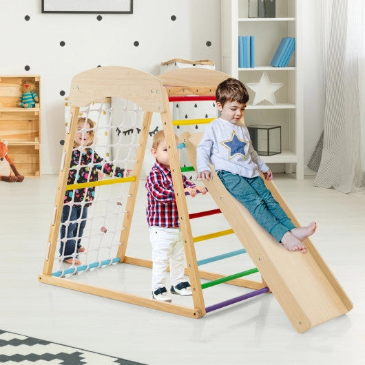 6-in-1 Jungle Gym Wooden Indoor Playground With Double-Sided Ramp and Monkey Bars-Multicolor