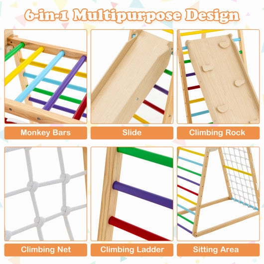 6-in-1 Jungle Gym Wooden Indoor Playground With Double-Sided Ramp and Monkey Bars-Multicolor