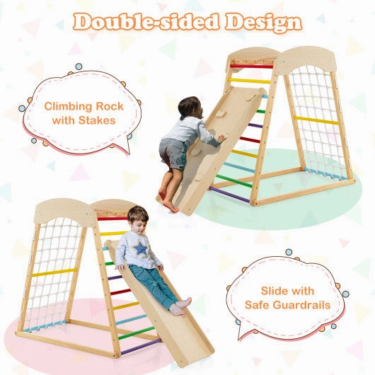 6-in-1 Jungle Gym Wooden Indoor Playground With Double-Sided Ramp and Monkey Bars-Multicolor
