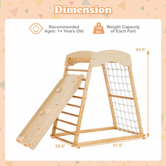 6-in-1 Jungle Gym Wooden Indoor Playground With Double-Sided Ramp and Monkey Bars-Natural