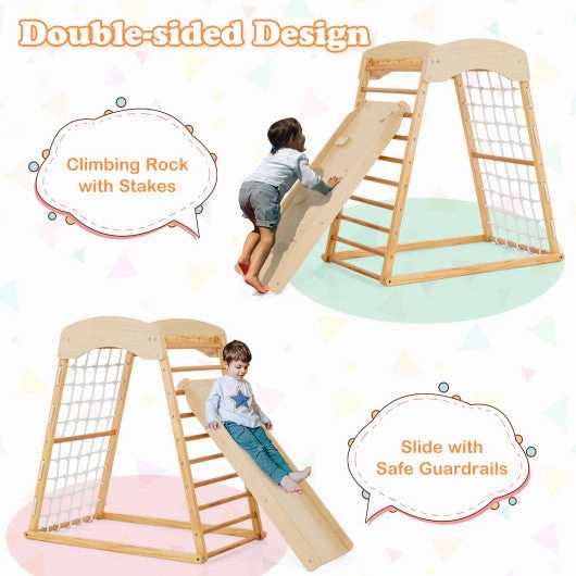 6-in-1 Jungle Gym Wooden Indoor Playground With Double-Sided Ramp and Monkey Bars-Natural