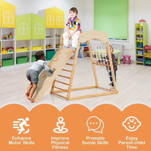 6-in-1 Jungle Gym Wooden Indoor Playground With Double-Sided Ramp and Monkey Bars-Natural