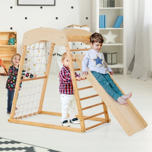 6-in-1 Jungle Gym Wooden Indoor Playground With Double-Sided Ramp and Monkey Bars-Natural
