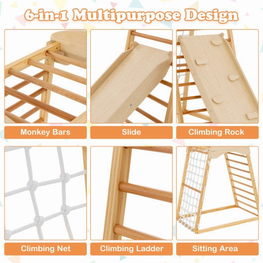 6-in-1 Jungle Gym Wooden Indoor Playground With Double-Sided Ramp and Monkey Bars-Natural