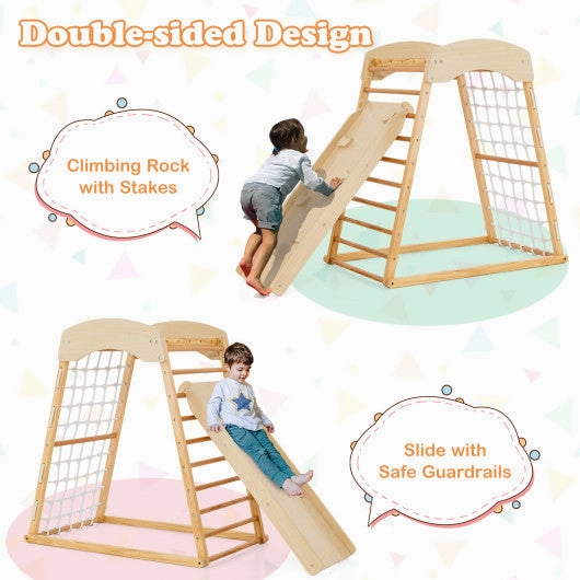 6-in-1 Jungle Gym Wooden Indoor Playground With Double-Sided Ramp and Monkey Bars-Natural