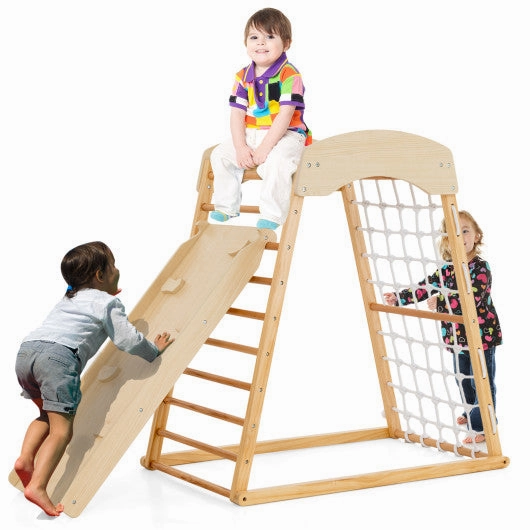 6-in-1 Jungle Gym Wooden Indoor Playground With Double-Sided Ramp and Monkey Bars-Natural