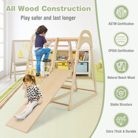 6-in-1 Wooden Kids Jungle Gym Playset With Slide Climbing Net-Natural