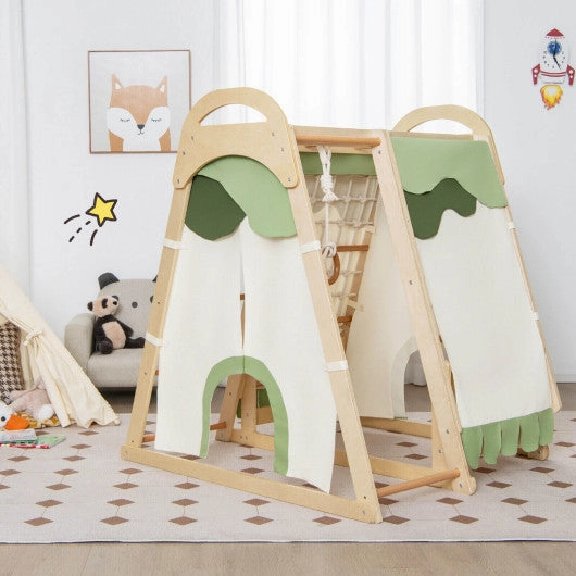 6-in-1 Wooden Kids Jungle Gym Playset With Slide Climbing Net-Natural
