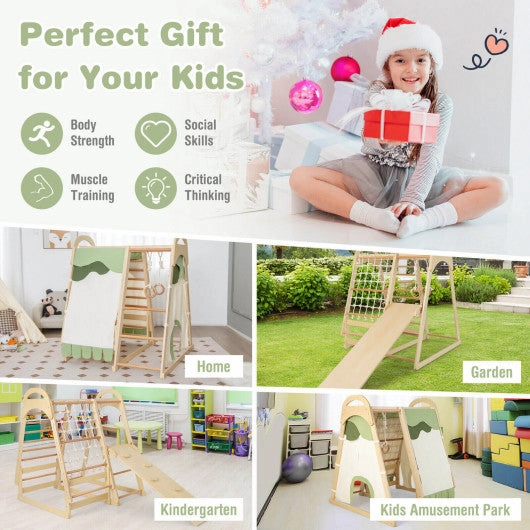 6-in-1 Wooden Kids Jungle Gym Playset With Slide Climbing Net-Natural