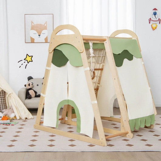 6-in-1 Wooden Kids Jungle Gym Playset With Slide Climbing Net-Natural