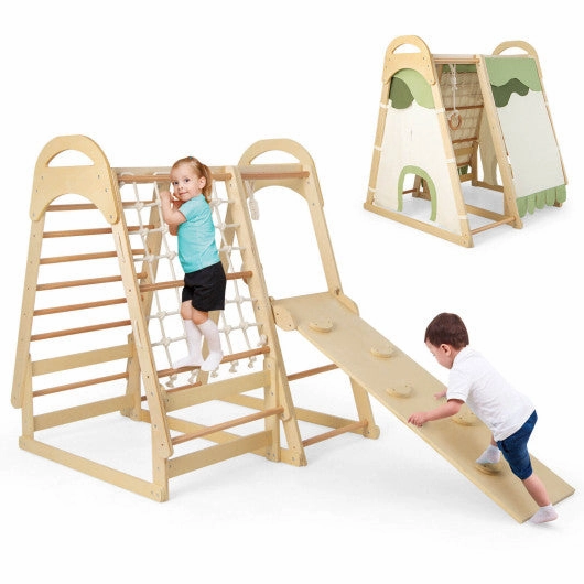 6-in-1 Wooden Kids Jungle Gym Playset With Slide Climbing Net-Natural