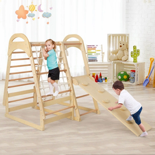 6-in-1 Wooden Kids Jungle Gym Playset With Slide Climbing Net-Natural