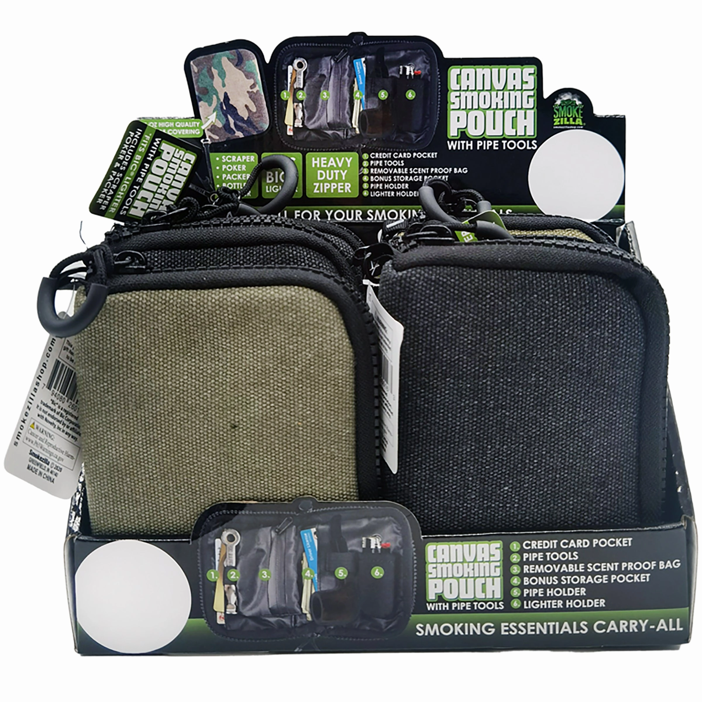 Canvas Smoking Pouch with Zipper  - 6 Pieces Per Retail Ready Display 26016