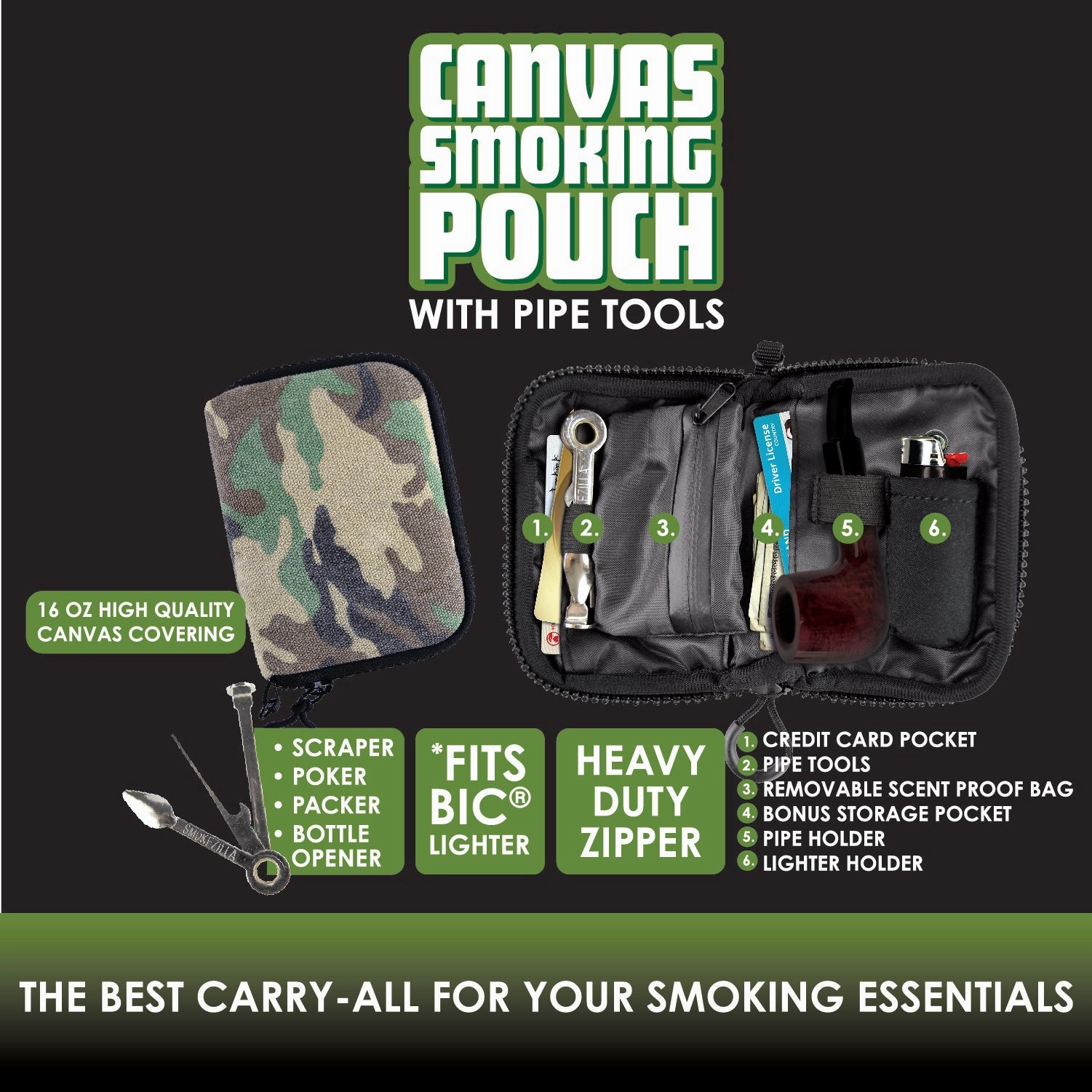 Canvas Smoking Pouch with Zipper  - 6 Pieces Per Retail Ready Display 26016