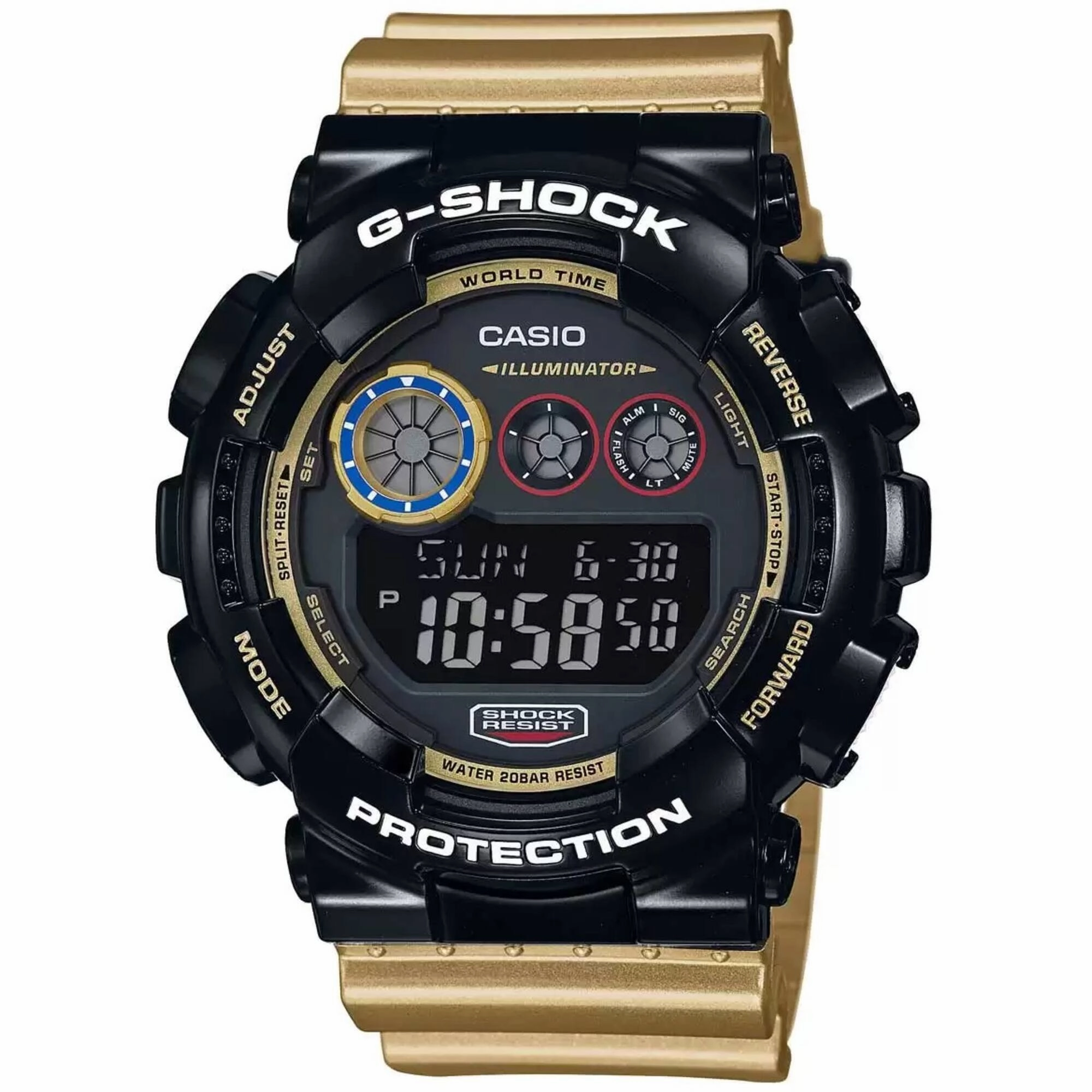 Casio Men's Digital Watch - G-Shock Black Dial Gold Tone Plastic Strap | GD120CS-1