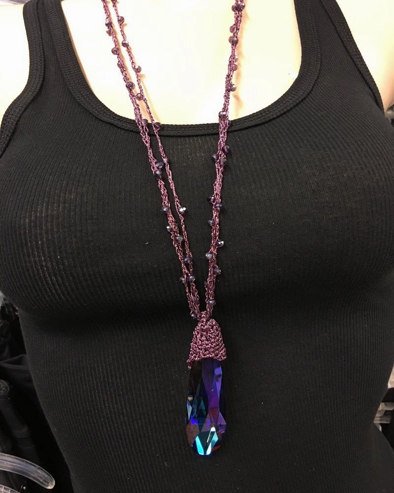 Crochet Crystal Necklace Purple