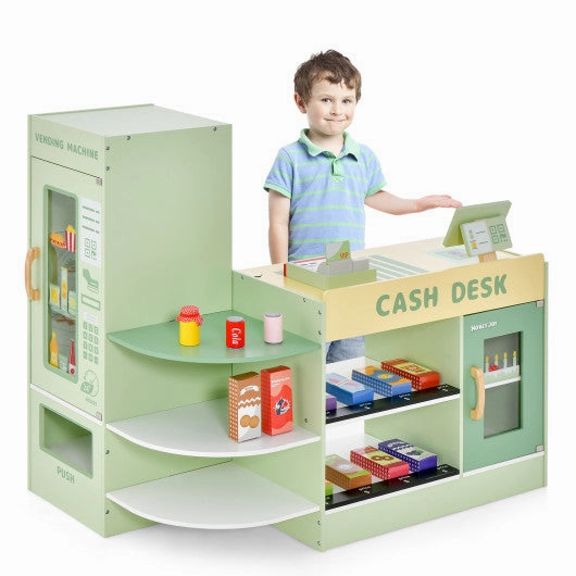 Kids Wooden Supermarket Play Toy Set With Checkout Counter-Green