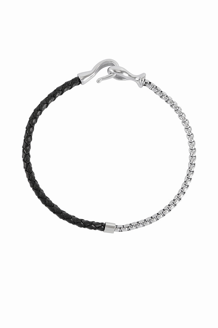 Men's Black Leather and Chain Hook Bracelet
