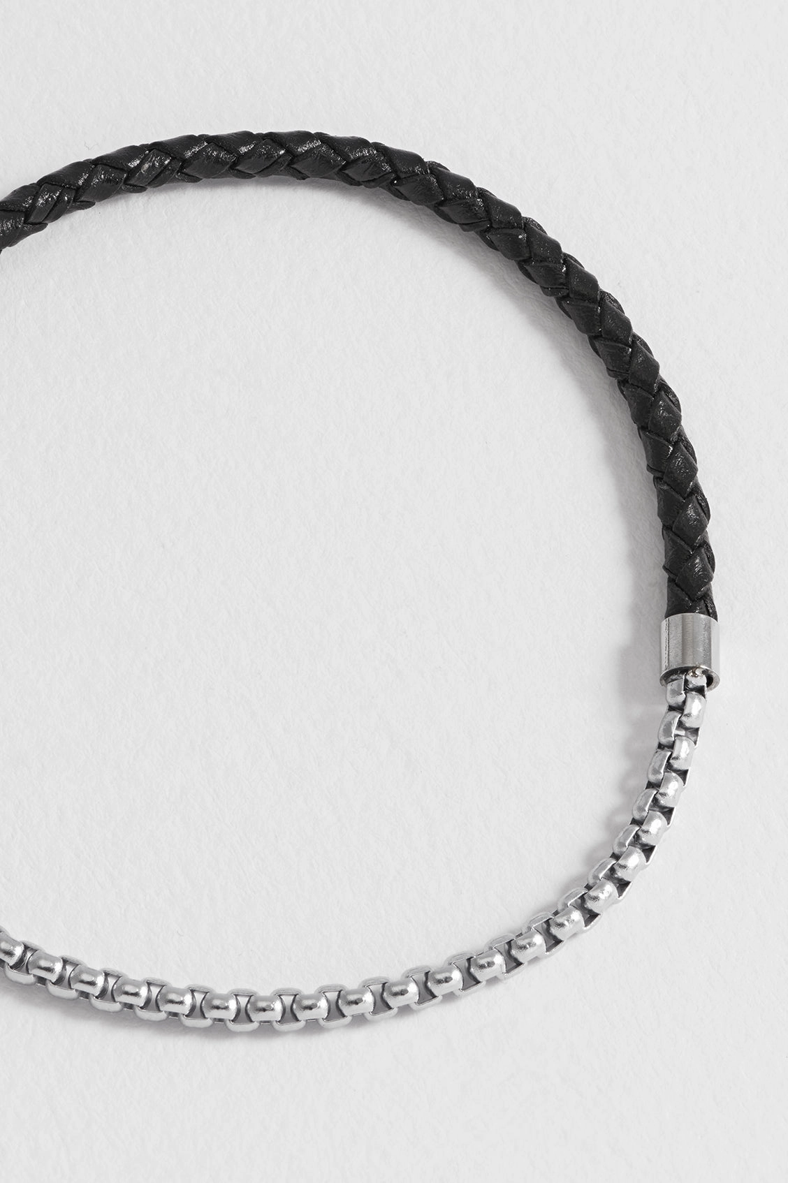 Men's Black Leather and Chain Hook Bracelet