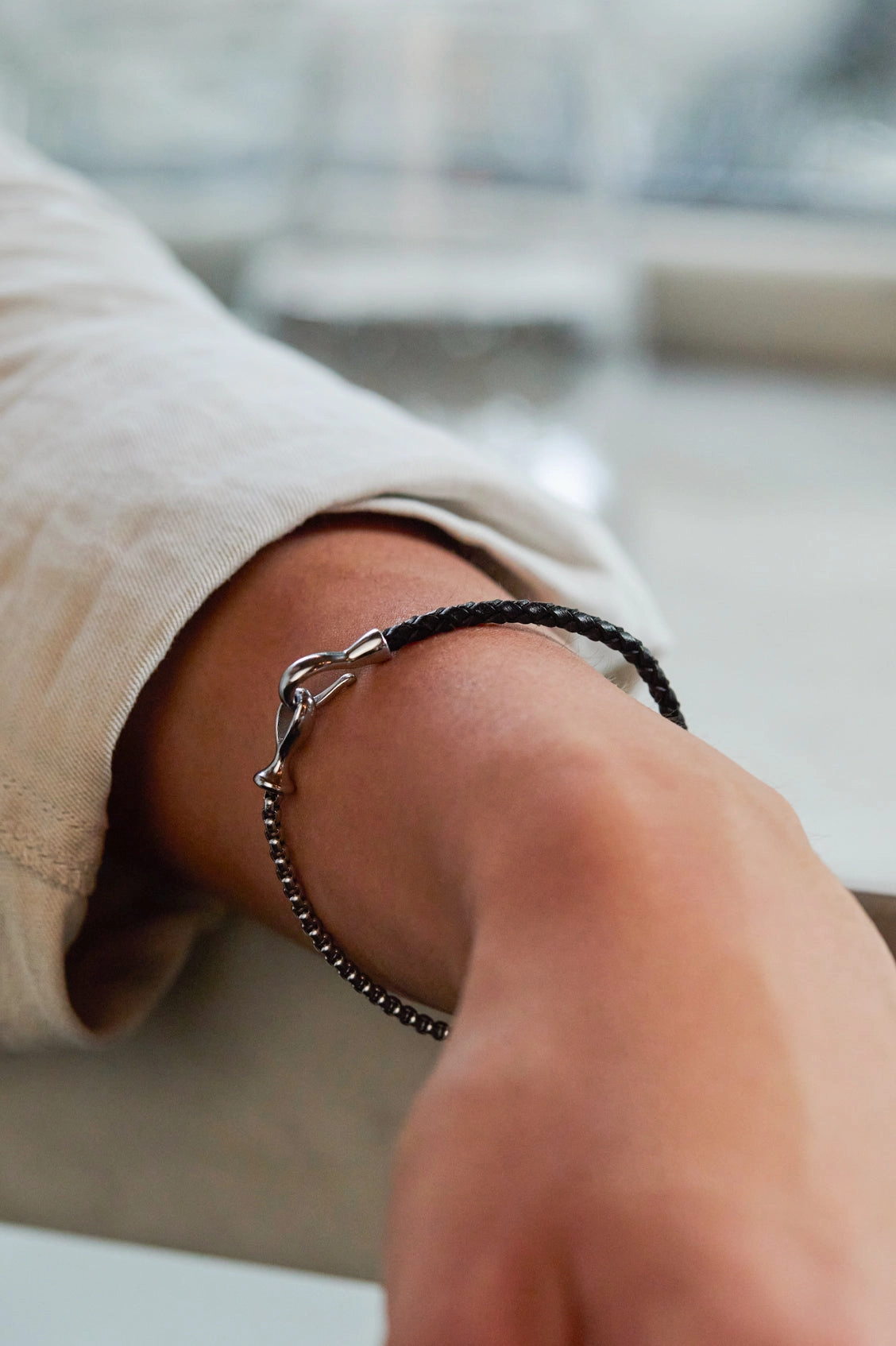 Men's Black Leather and Chain Hook Bracelet