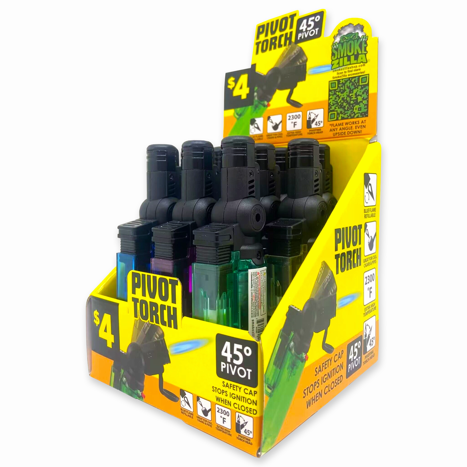 Pivot Head Torch Lighter with Flip Down Lid- 10 Pieces Per Retail Ready Display 41590