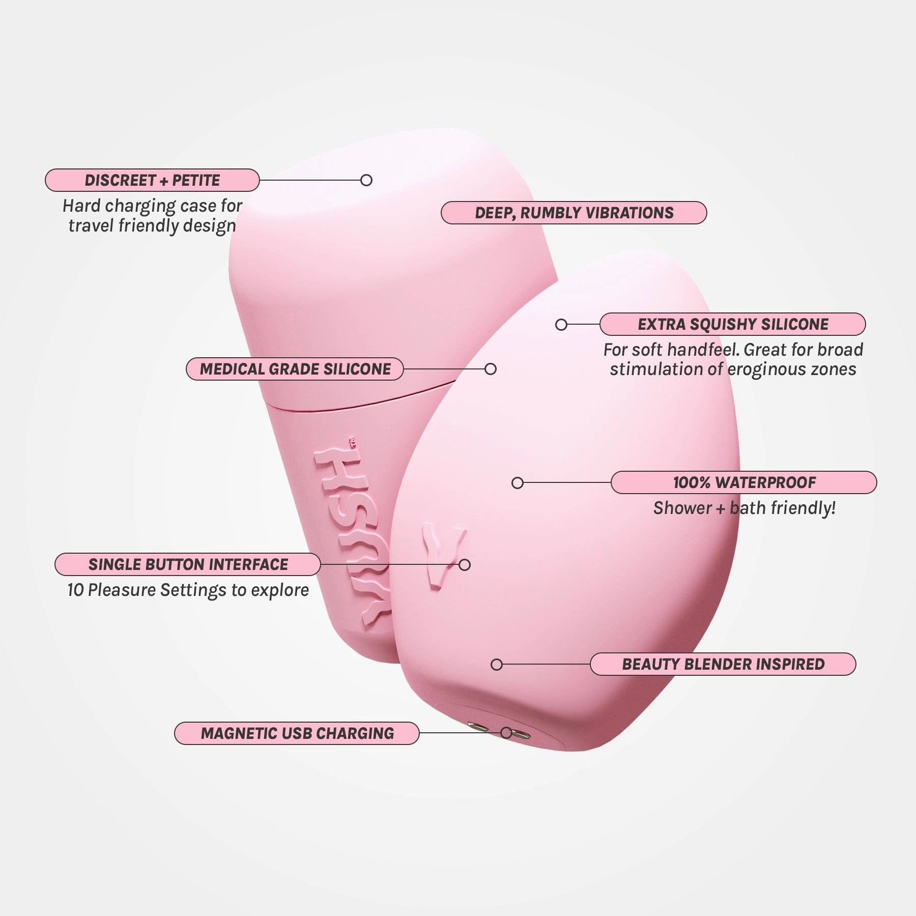 Plump - Compact   Rechargeable Pink Squishy Palm Vibrator with Travel Case