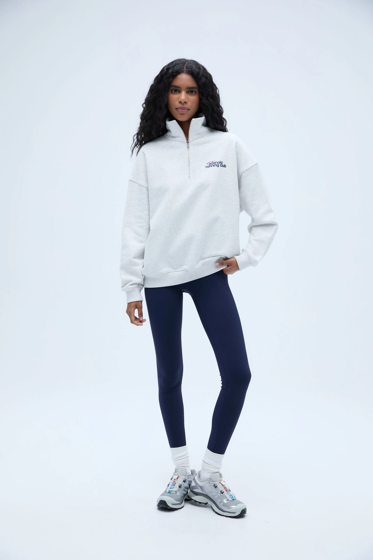 Runners Oversized Funnel Neck Zip Sweatshirt - Light Grey Melange/Classic Red