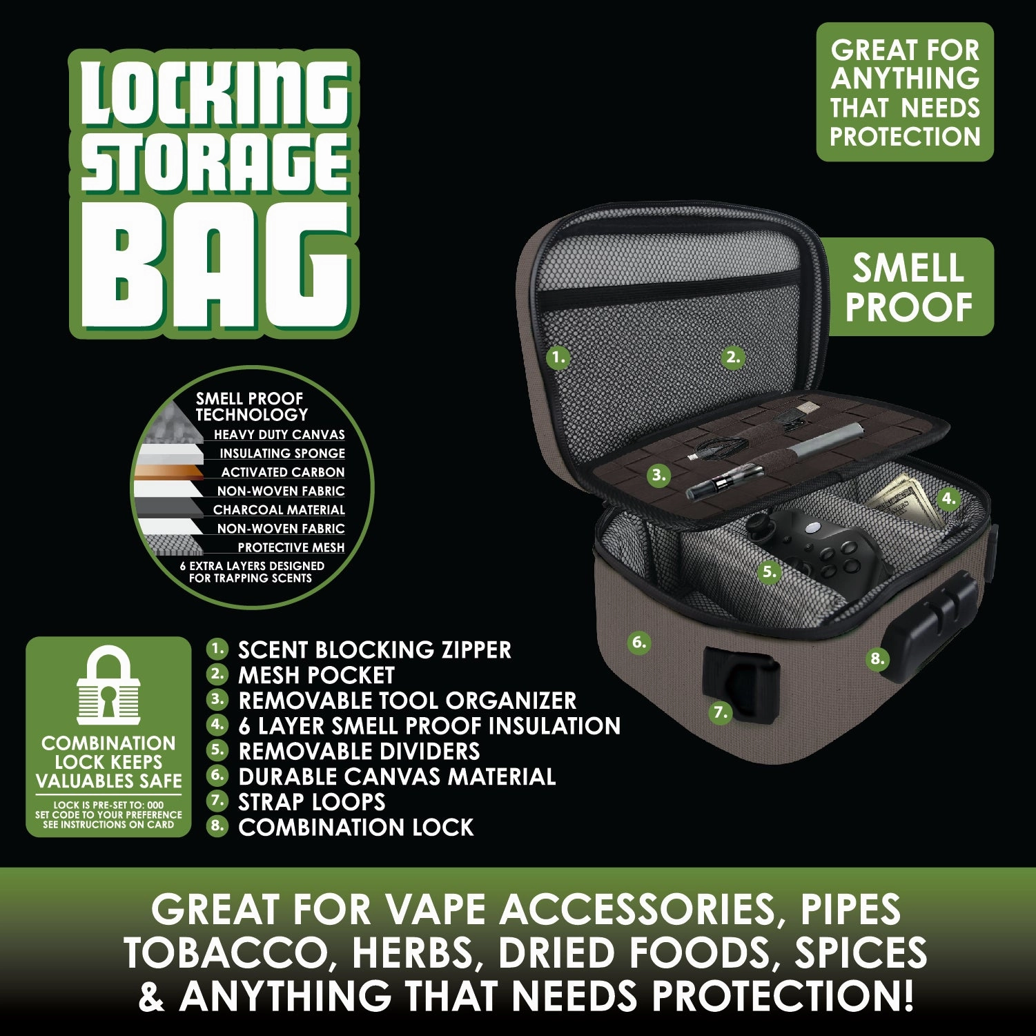 Smell Proof Canvas Lock Bag with Tool Organizer - 4 Pieces Per Retail Ready Display 22154
