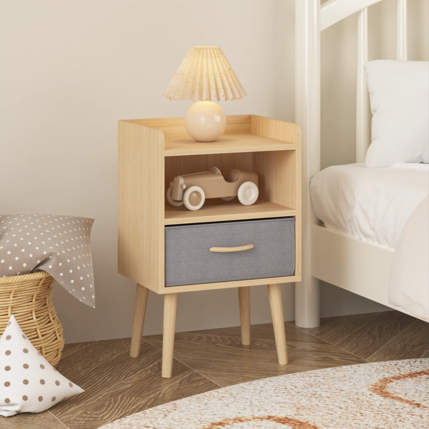 Streamdale 2PC Nightstand Set: Fabric Drawer, Storage Cabinet - Oak