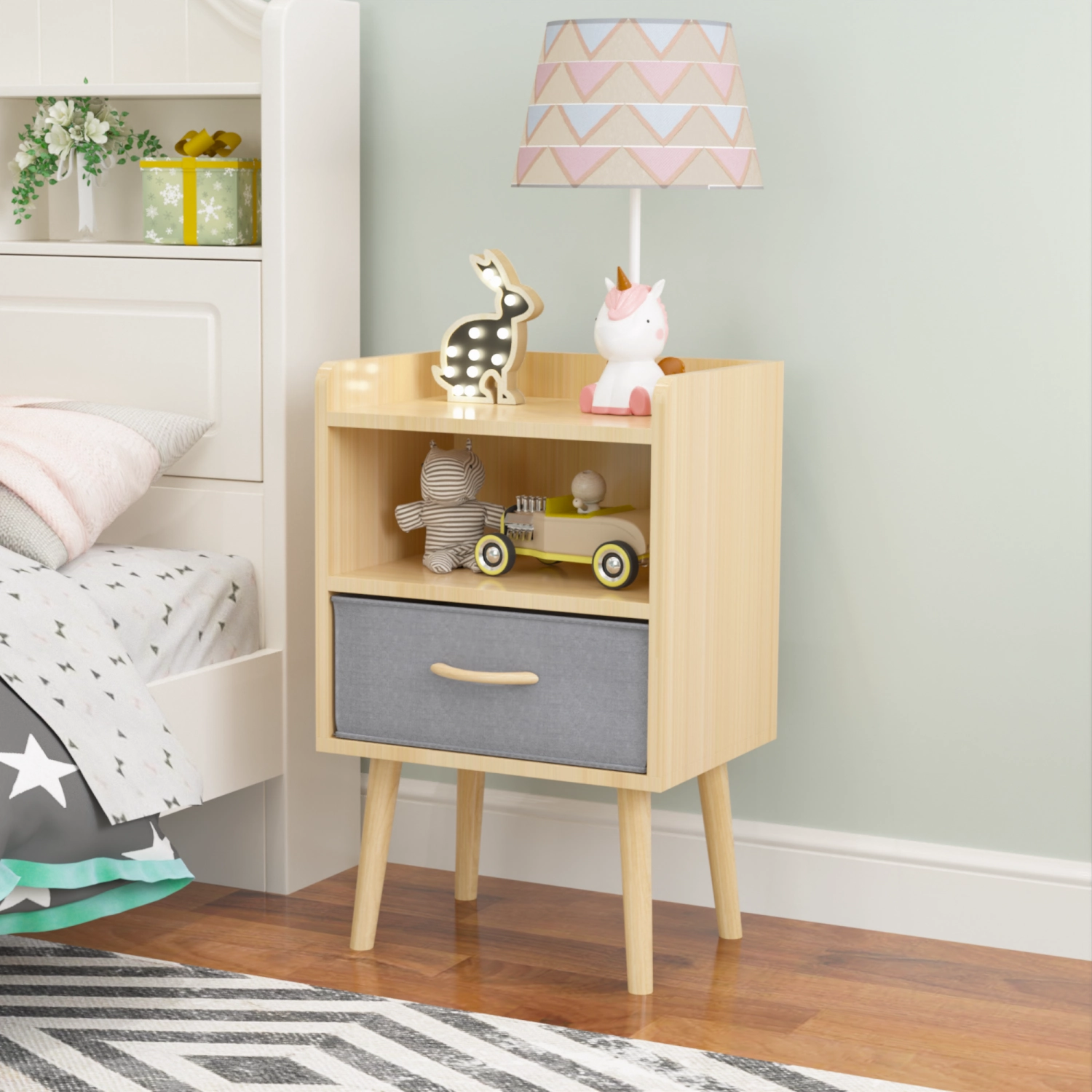 Streamdale 2PC Nightstand Set: Fabric Drawer, Storage Cabinet - Oak