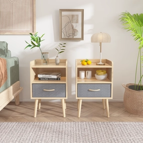 Streamdale 2PC Nightstand Set: Fabric Drawer, Storage Cabinet - Oak