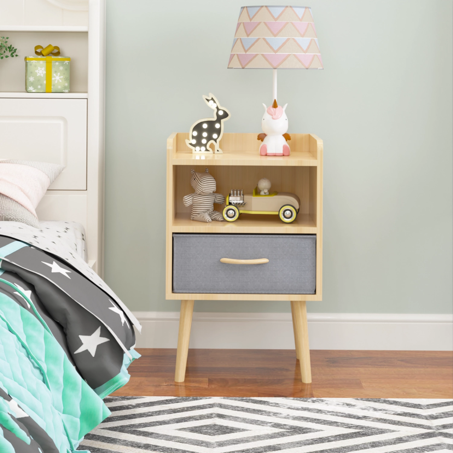 Streamdale 2PC Nightstand Set: Fabric Drawer, Storage Cabinet - Oak
