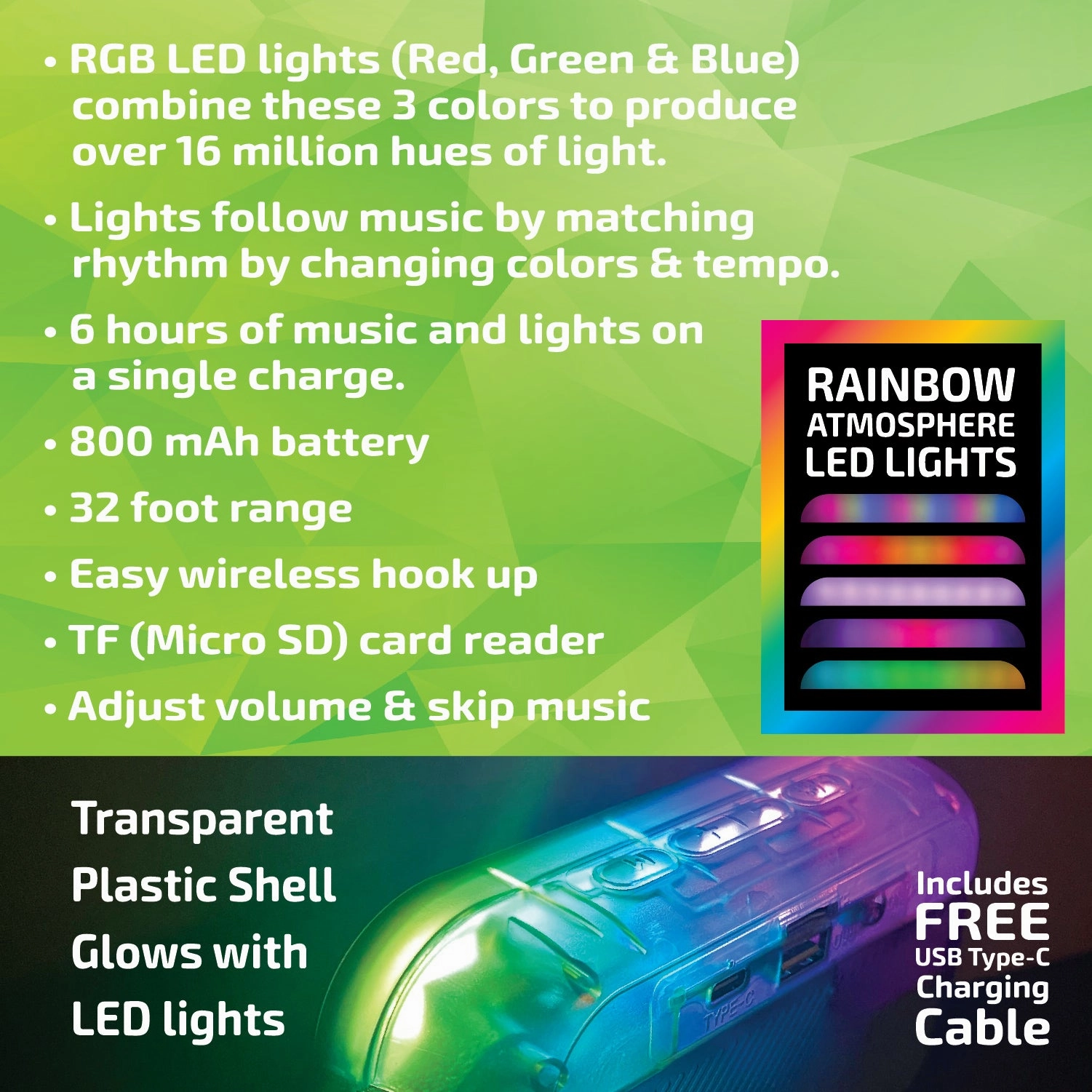 Wireless Speaker Transparent with LED Lights - 6 Pieces Per Retail Ready Display 23874
